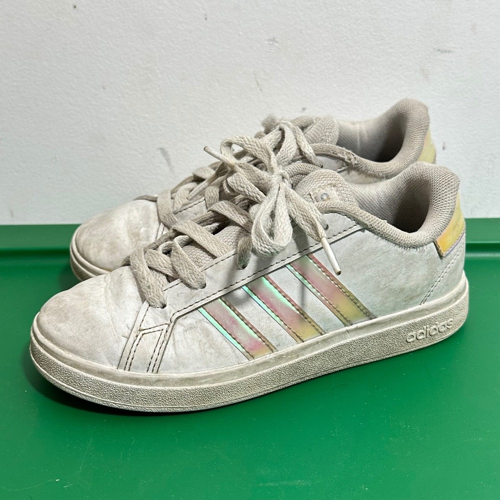 Kids‎ Adidas Grand Court Shoes White Iridescent Stripes Sneakers Size 1 Preowned
